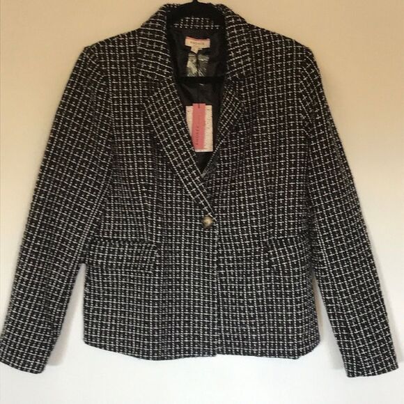 ANDREE BY UNIT Black White Blazer Career Office Womens L Plaid Suit Jacket NWT - Picture 1 of 9